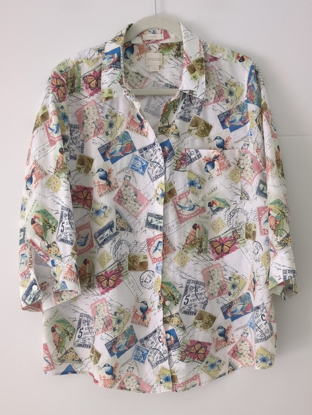 Chico's Pastel Floral & Postage PrintLinen Button-Up Shirt Sz XL/16 Boho Coastal